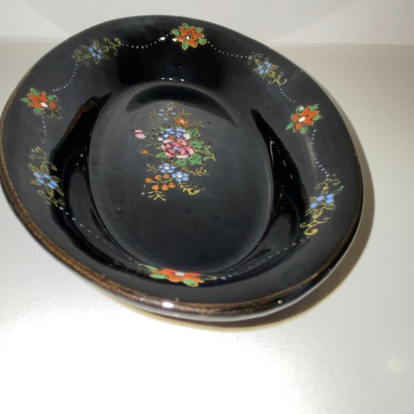 Vintage Oval Black Ceramic Hand Painted Floral Dish Plate Japan *read* - Picture 3 of 6